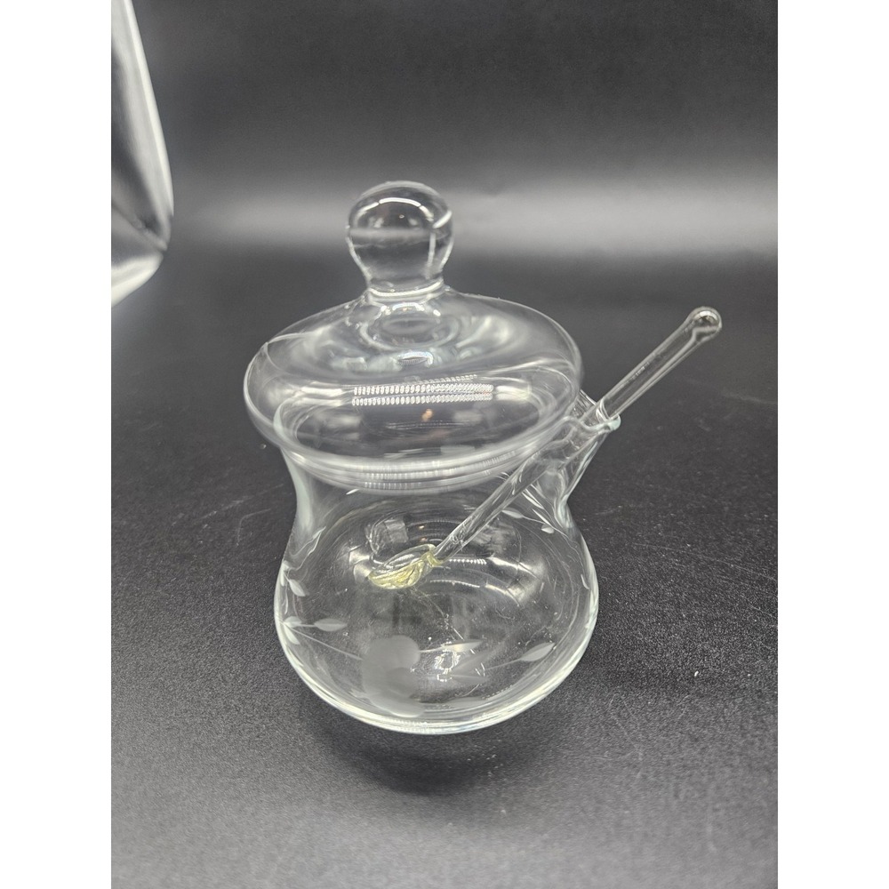 Princess House Crystal Heritage Etched Condiment or Jelly‎ Jar With Lid & Spoon